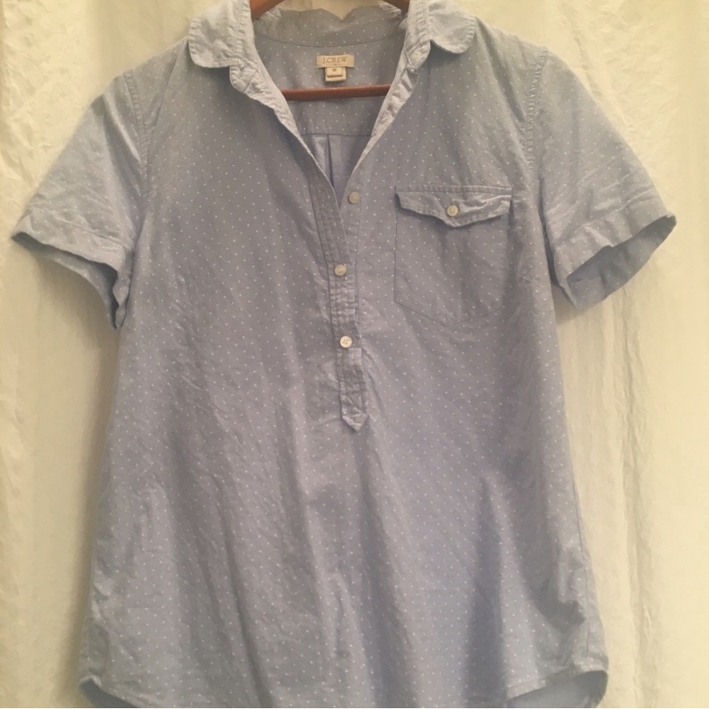 J. Crew blue short sleeve button down with white polka dots